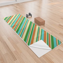 [ Thumbnail: Pale Goldenrod, Chocolate, Turquoise & Forest Green Colored Lines Pattern Yoga Towel ]