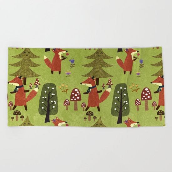 Happy foxes in the forest - Cute Fox Pattern Beach Towel