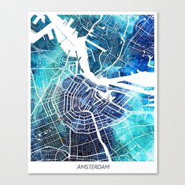 Amsterdam Map Netherlands Holland Map Navy Blue Turquoise Watercolor Canvas Print