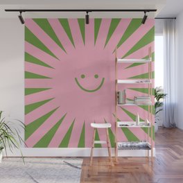 Happy Sun Retro Groovie Green Pink Boho Wall Mural