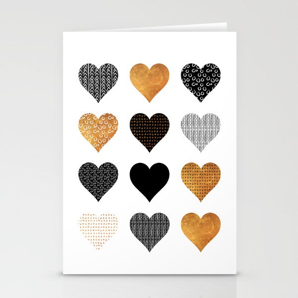 Gold, black, white hearts Stationery Cards