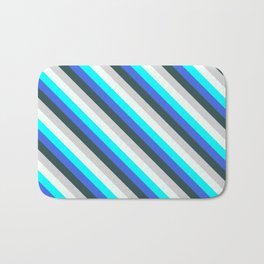 [ Thumbnail: Royal Blue, Dark Slate Gray, Light Grey, Mint Cream, and Aqua Colored Pattern of Stripes Bath Mat ]