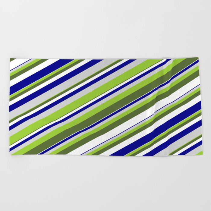 Vibrant Green, Dark Olive Green, White, Dark Blue & Light Grey Colored Lines/Stripes Pattern Beach Towel