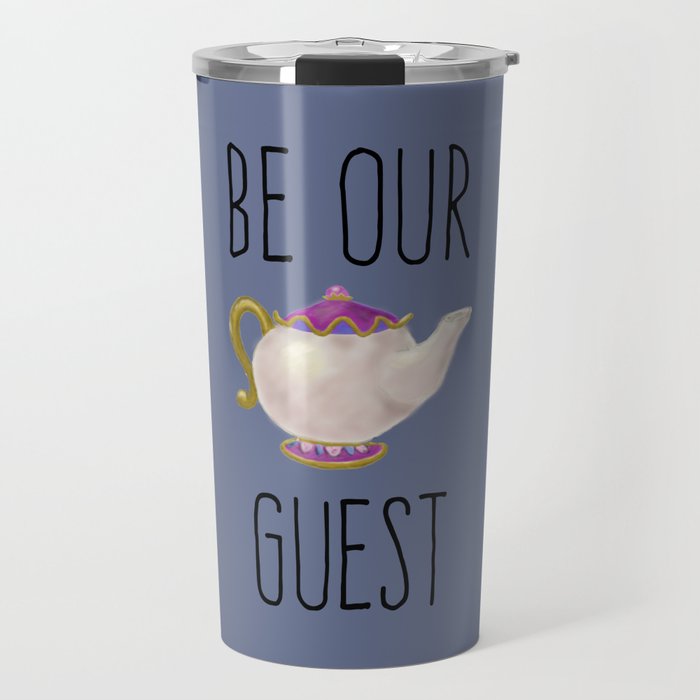 Hand painted Be our Guest Teapot on Periwinkle Purple Voilet Travel Mug