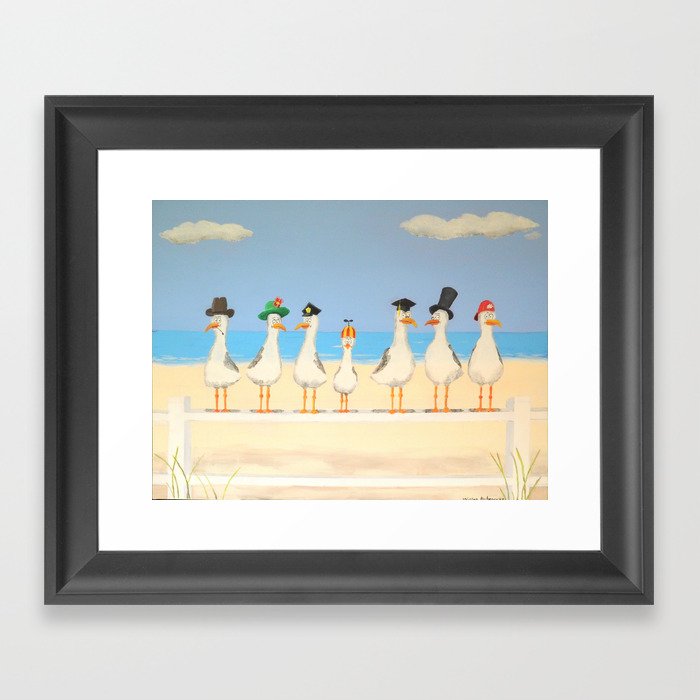 Seagulls with Hats Framed Art Print