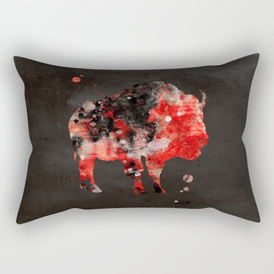 Watercolor Buffalo Bison Painting Black Red Grunge Rectangular Pillow