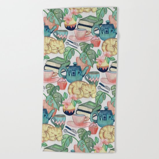 Lazy Afternoon - a chalk pastel illustration pattern Beach Towel