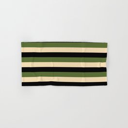 [ Thumbnail: Dark Olive Green, Tan & Black Colored Striped/Lined Pattern Hand & Bath Towel ]