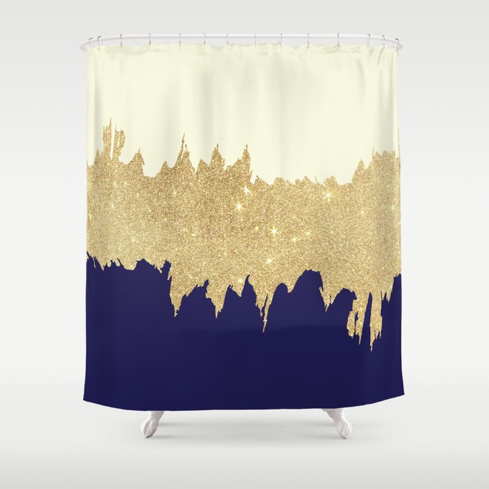 Navy Blue Ivory Faux Gold Glitter Brushstrokes Shower