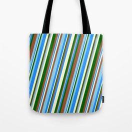 [ Thumbnail: Vibrant Sienna, Sky Blue, Blue, Light Yellow, and Dark Green Colored Striped Pattern Tote Bag ]