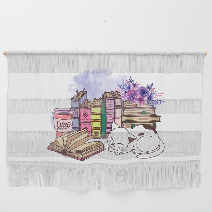 Books Cats Coffee Illustration Wall Hanging