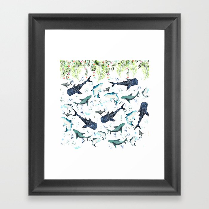 floral shark pattern Framed Art Print