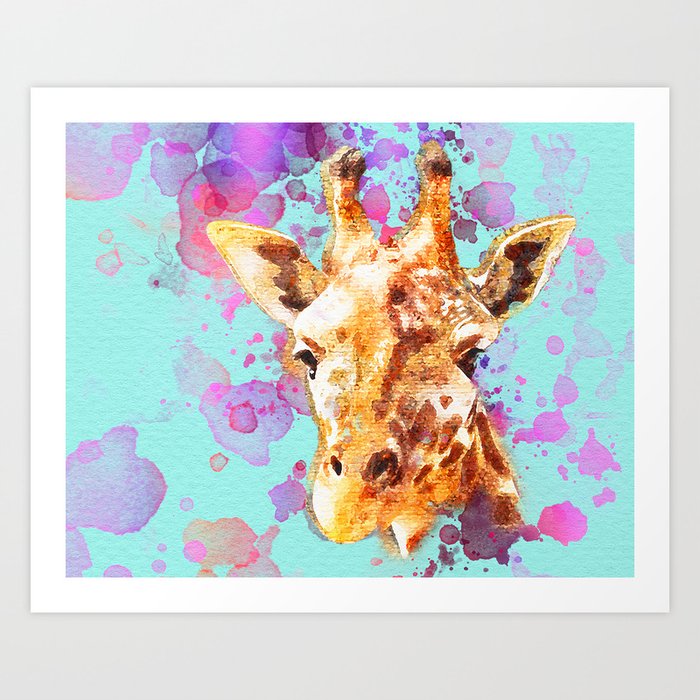 Electric Giraffe Boho Teal Watercolor Splatter Digital Painting Art Print  by Vivid Paintbrush | Society6