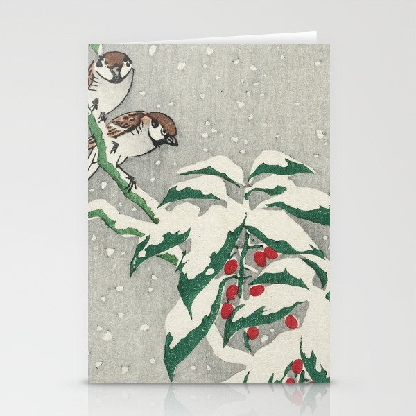 Sparrows on Snowy Berry Bush  Stationery Cards