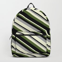 [ Thumbnail: Dark Grey, Beige, Dark Olive Green, and Black Colored Striped/Lined Pattern Backpack ]