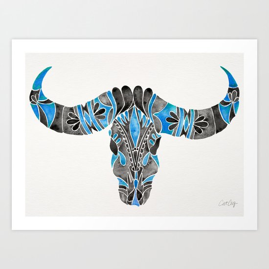 Water Buffalo Skull – Black & Blue Art Print