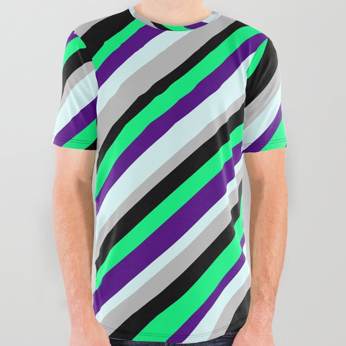 Green, Indigo, Light Cyan, Grey, and Black Colored Lines Pattern All Over Graphic Tee