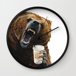 " Grizzly Mornings " give that bear some coffee Wall Clock | Roaring, Man, Coffeeshop, Caffeine, Cup, Growling, Morning, Coffee, Hollysimental, Grizzly 