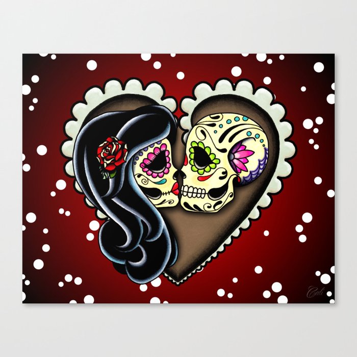 Ashes - Day of the Dead Couple - Kissing Sugar Skull Lovers Canvas Print
