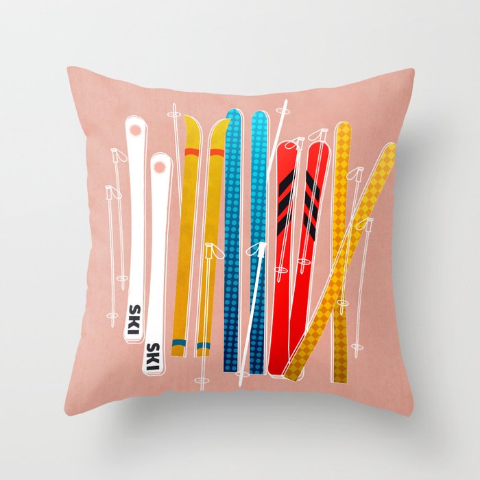 Colorful Ski Illustration and Pattern no 2 Throw Pillow