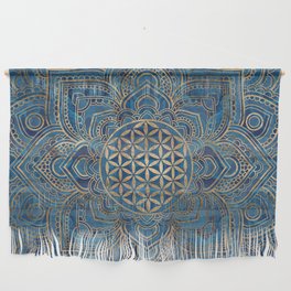 Flower of Life in Lotus Mandala - Blue Marble and Gold Wall Hanging