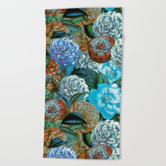 Vintage & Shabby - blue floral camellia flowers watercolor pattern Beach Towel