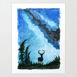 A deer in the forest with a beautiful blue sky Art Print