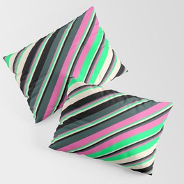 [ Thumbnail: Eyecatching Dark Slate Gray, Hot Pink, Green, Beige, and Black Colored Lines Pattern Pillow Sham ]
