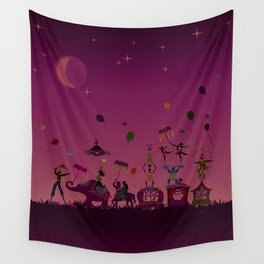 colorful circus carnival traveling in one row at night Wall Tapestry