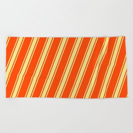[ Thumbnail: Red & Tan Colored Lines Pattern Beach Towel ]