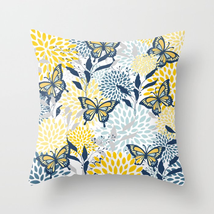 Floral and Butterflies Print, Blue and Yellow Throw Pillow