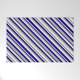 [ Thumbnail: Dark Gray, Beige, and Dark Blue Colored Lined Pattern Welcome Mat ]