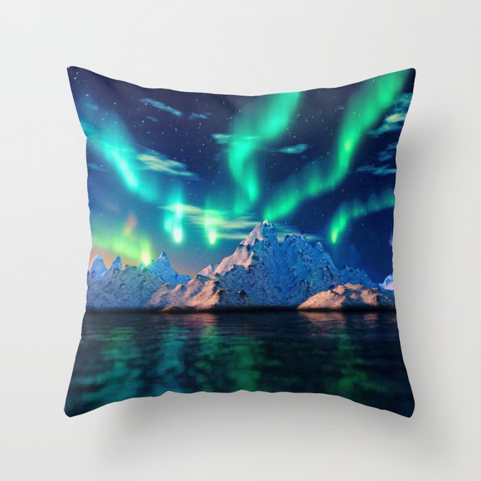 Northern Lights On Snowy Mountains | Aurora Borealis | Night Sky | Winter | Scenic | Nature Photography Art Throw Pillow