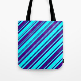 [ Thumbnail: Aqua & Indigo Colored Lined/Striped Pattern Tote Bag ]