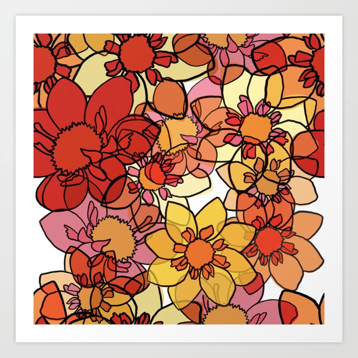 Red and Orange Big Dahlia Flowers Stained Glass Modern Floral Square Pattern  Art Print