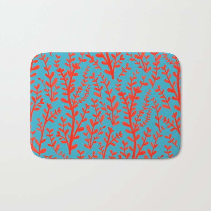 Turquoise and Red Leaves Pattern Bath Mat