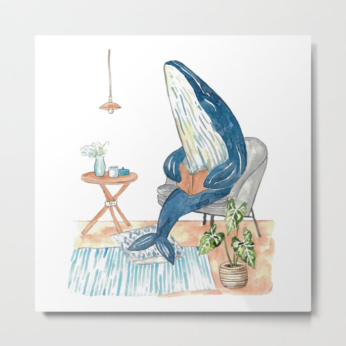 Humpback whale reading book watercolor painting Metal Print