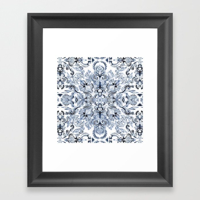 Indigo, Navy Blue and White Calligraphy Doodle Pattern Framed Art Print