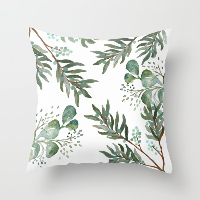Winter Branches and Juniper Berries on White Throw Pillow