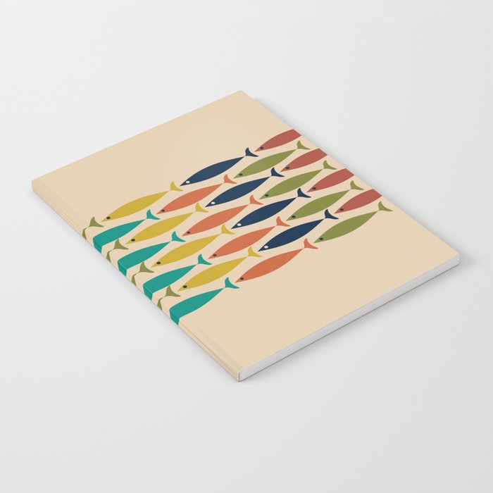 Midcentury Modern Multicolor Fish Stripe Pattern in Olive, Mustard, Orange, Teal, Beige Notebook