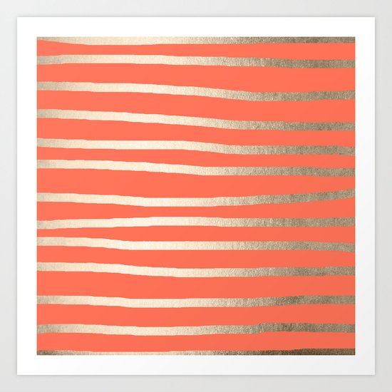 Simply Drawn Stripes in White Gold Sands on Deep Coral Art Print