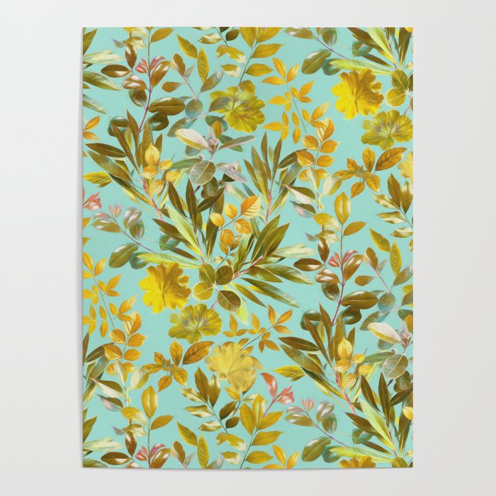 Leaves in Gold and Sage on Turquoise  Poster