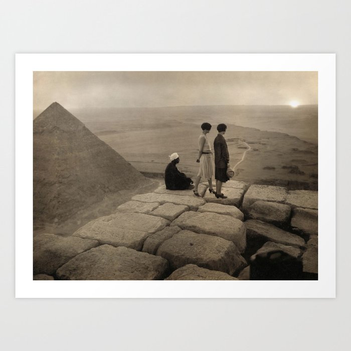 Looking across the Sahara Desert from the top of the Pyramid of Cheops, Egypt at sunset black and white photograph Art Print