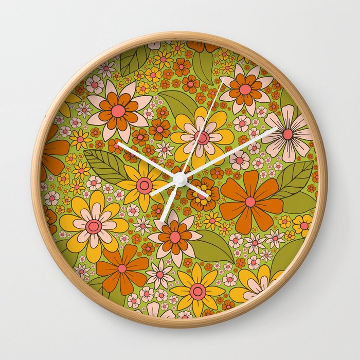 1960s, 1970s Retro Floral in Green, Pink & Orange - Flower Power Wall Clock