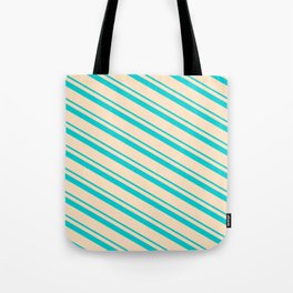 [ Thumbnail: Dark Turquoise & Bisque Colored Stripes Pattern Tote Bag ]