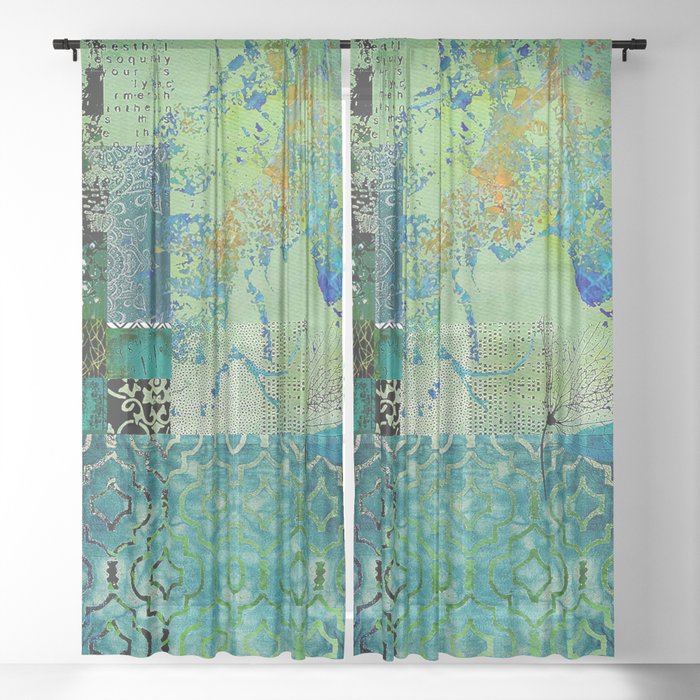 Damask Fields Abstract Collage, Teal, Turquoise, Sage, Navy Sheer Curtain