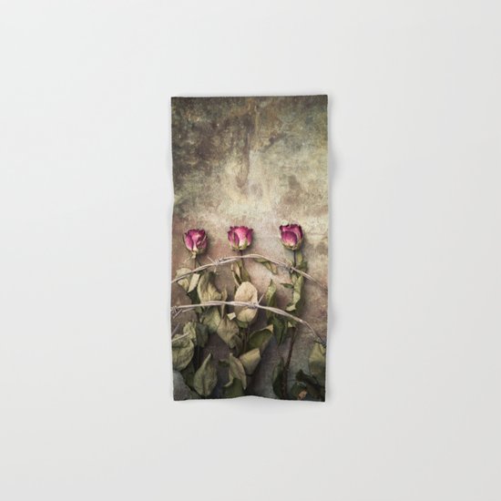 Three dried roses and barbed wire Hand & Bath Towel