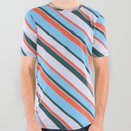 [ Thumbnail: Red, Light Sky Blue, Dark Slate Gray, and Lavender Colored Pattern of Stripes All Over Graphic Tee ]