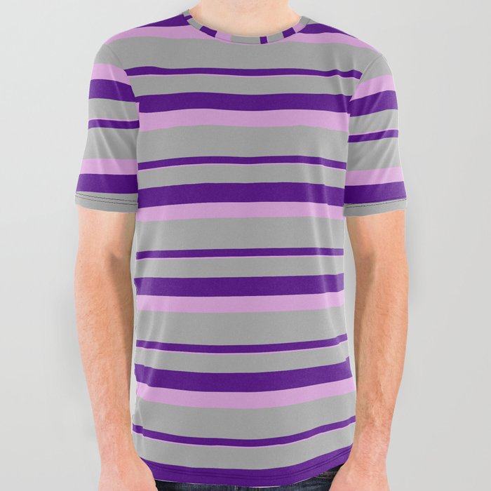 Dark Grey, Indigo, and Plum Colored Lined/Striped Pattern All Over Graphic Tee