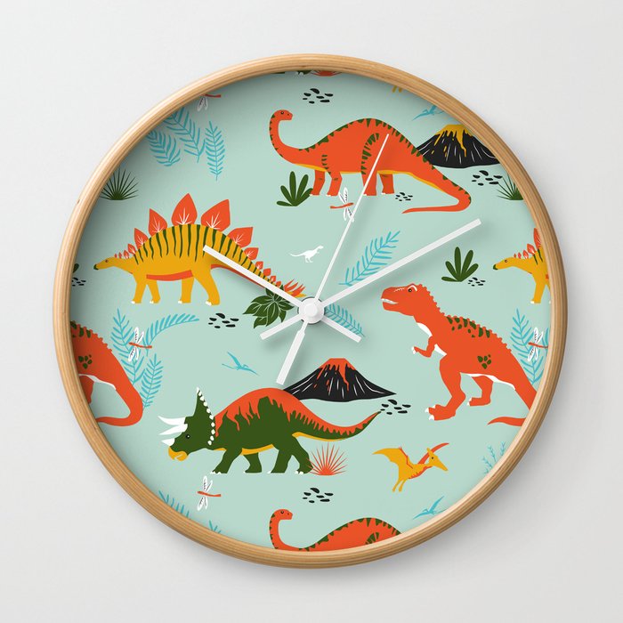 Jurassic Dinosaurs in Blue + Red Wall Clock